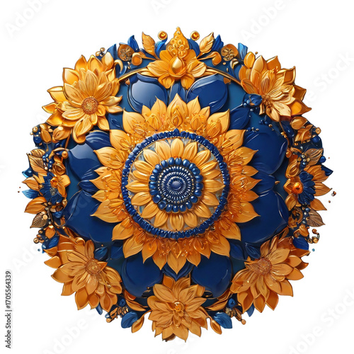 Ornate Golden Yellow and Blue Mandala with Sunflower and Floral Embellishments circular symmetrical