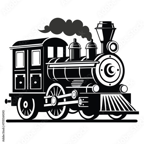 Black and white illustration of an old-fashioned steam locomotive with smoke on a white background Keywords: steam locomotive, train, vintage, retro, transportation, railway, engine, transport