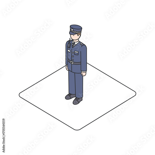 Police officer standing on duty maintaining public safety on a city street ensuring law and order during the day illustration protection