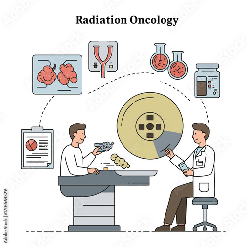 radiation oncology treatment planning scientists studying tumor scans and radiation beam targeting for cancer therapy illustrating medical innovation