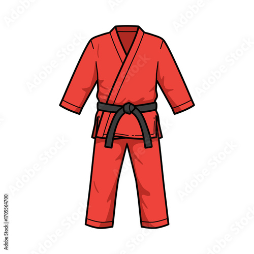 Red karate gi with a black belt illustrating martial arts practice ideal for demonstrating discipline and fitness techniques sports design assets.