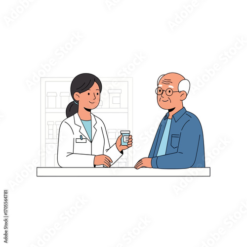 Pharmacist Provides Compassionate Medication Assistance to Senior Man, Emphasizing Healthcare and Personalized Customer Service at a Modern Pharmacy Counter