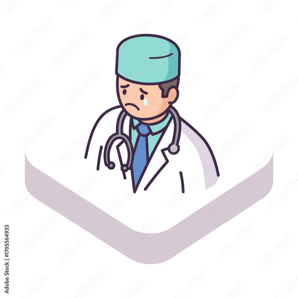 Fototapeta premium Sad doctor with tears in eyes wearing stethoscope and surgical cap expressing burnout suitable for mental health awareness campaigns.