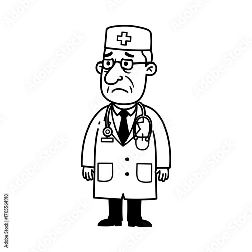 Sad doctor with stethoscope wearing a medical coat and cap stands with a disappointed look ideal for healthcare medicine and wellness content