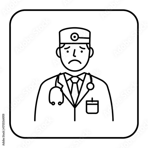 Sad doctor with stethoscope wearing uniform illustrating burnout and healthcare worker stress on white background perfect for mental health awareness.