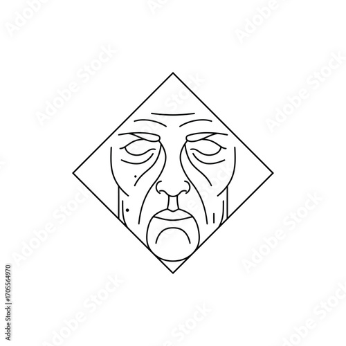 sad face in diamond outline expressing melancholy and despair perfect for illustrating themes of grief depression and mental health awareness.