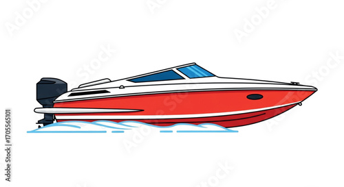 Red Speedboat with Outboard Motor on Water.
