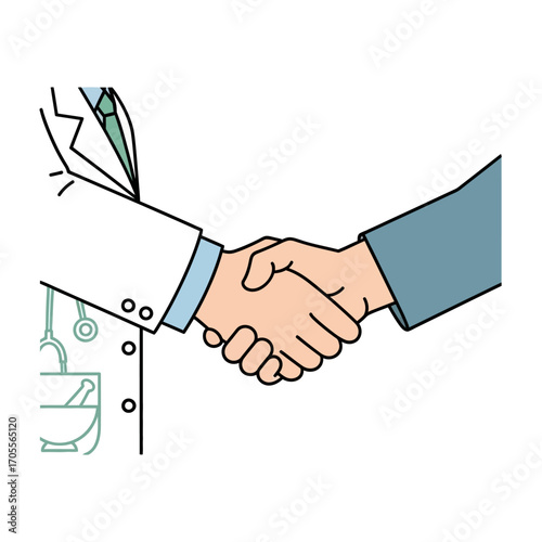 Illustration of a doctor and patient handshake, symbolizing a medical agreement, trust, and partnership in healthcare