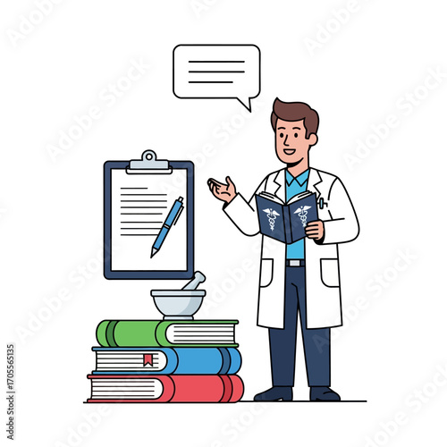 Doctor explaining medical information, books, and a clipboard