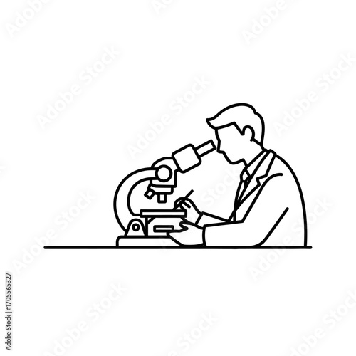 Scientist Using Microscope Line Art Illustration