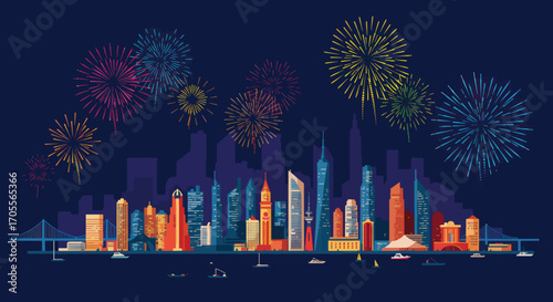 Colorful Fireworks Exploding Over a Stylized City Skyline at Night
