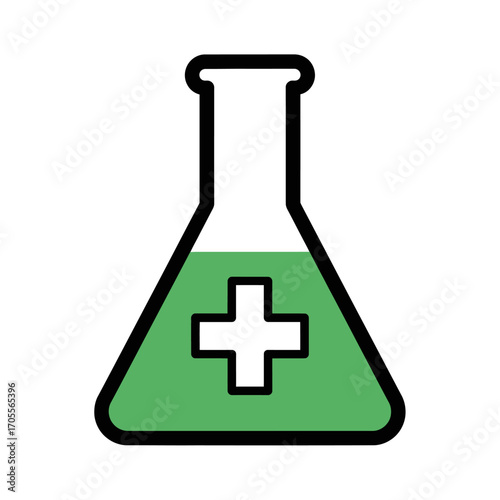 A Green Erlenmeyer Flask with a White Cross Inside, Symbolizing Medical or Scientific Research and Development