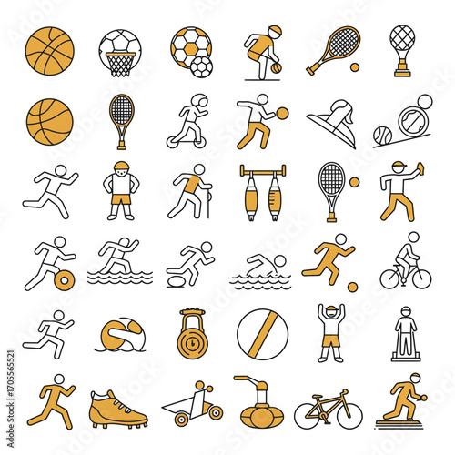 sports icons collection diverse athletes training with equipment representing fitness active lifestyle and healthy competition for marketing design