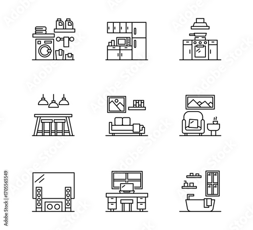 Set of Home And Living icon, Kitchen and dining room, study room and living room thin line and pixel Symbol Outline icon Editable Stroke