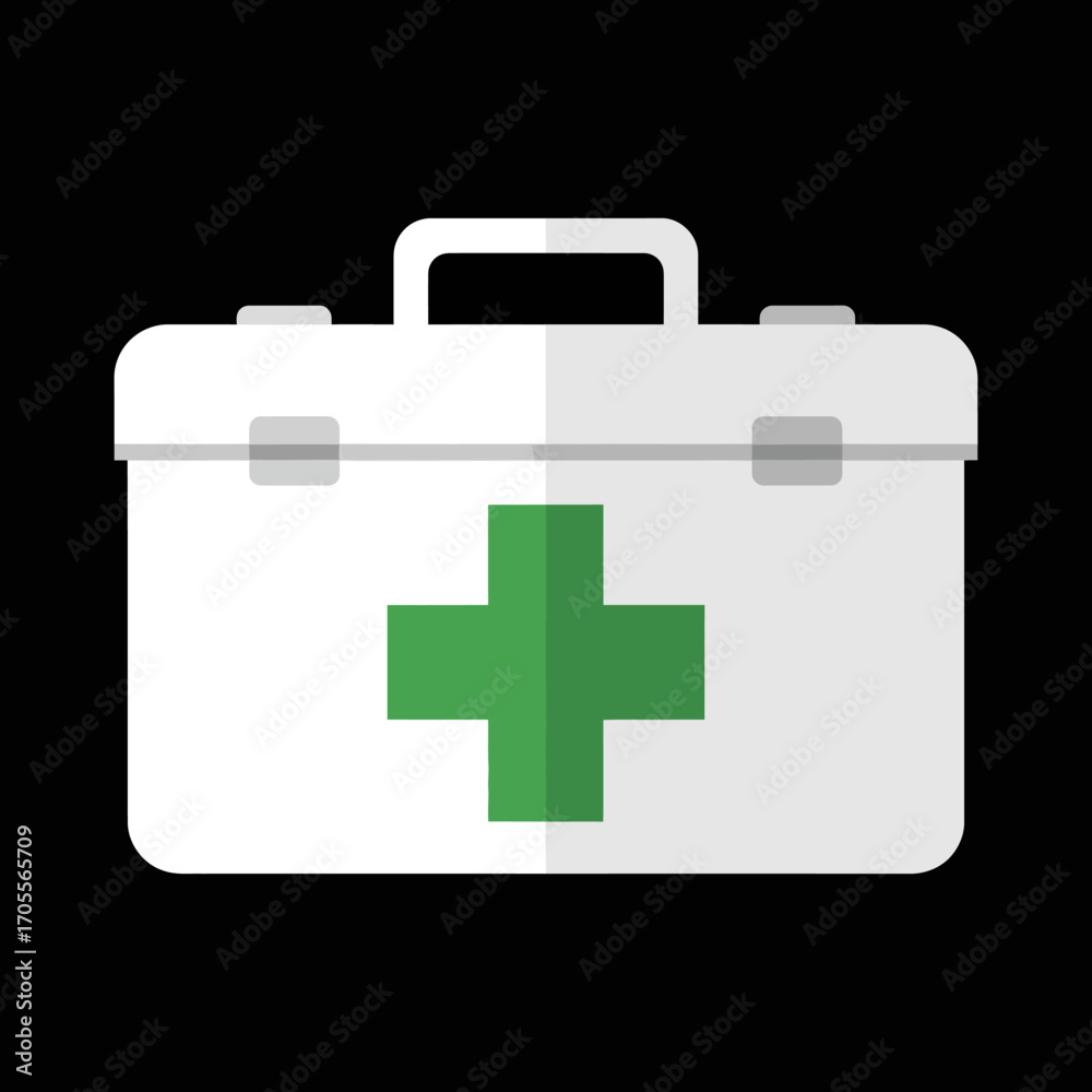 Obraz premium White first aid kit with a green cross symbol, isolated vector illustration. Concept of emergency medical care and health safety