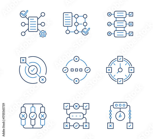 Set of Workflow icon, Task Trigger, network thin line and pixel Symbol Outline icon Editable Stroke