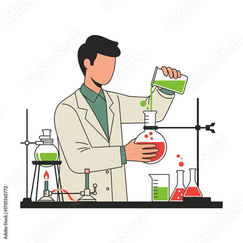 Chemical research concept with a scientist working in a modern laboratory, mixing reagents in glassware for an experiment