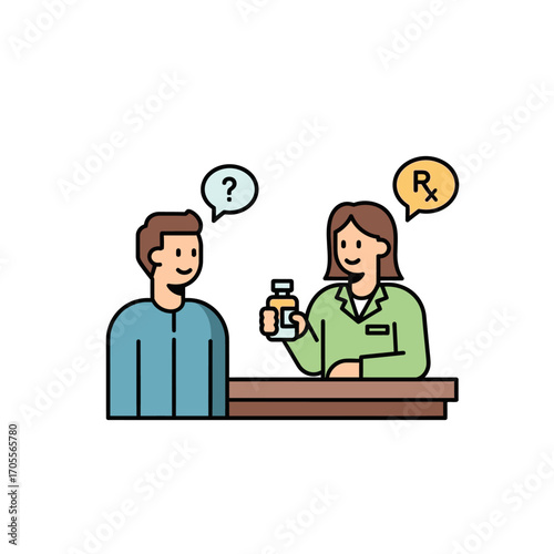 Healthcare consultation concept with a pharmacist giving a bottle of pills to a male patient asking questions about his prescription medication