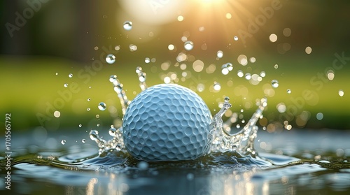 Golf ball creating ripples, splash with water droplets frozen in time against a blurred sunlight background, dynamic moment of impact