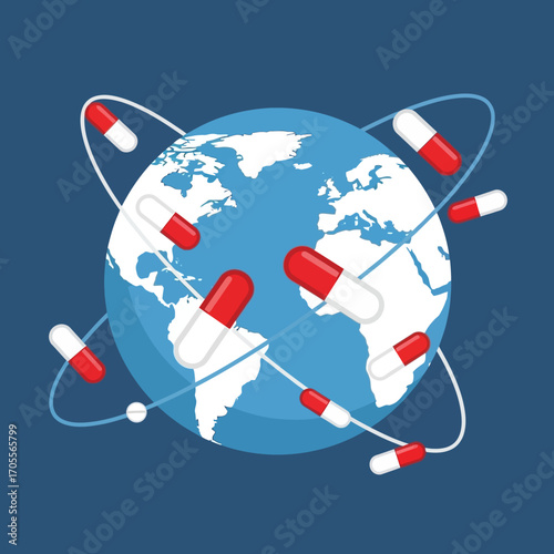 Conceptual illustration of global medicine distribution and interconnected healthcare, featuring pharmaceutical capsules orbiting the Earth, symbolizing worldwide health solutions and access