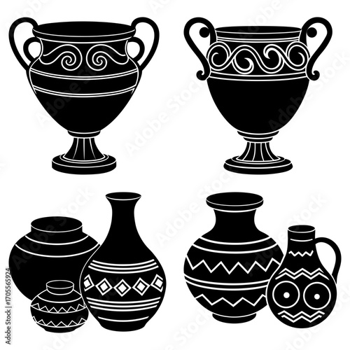 Collection of assorted black and white vases and urns with various decorative patterns and shapes design