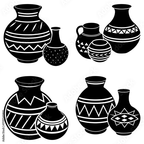 Collection of black and white patterned vases and pots in various sizes and designs on a white background