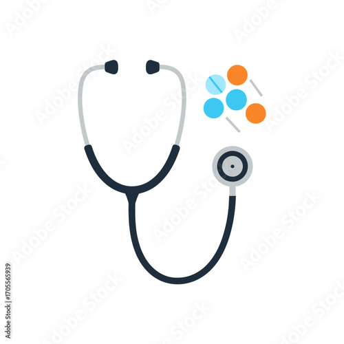 Stethoscope and Pills Conceptual illustration of medical examination, health, and medication