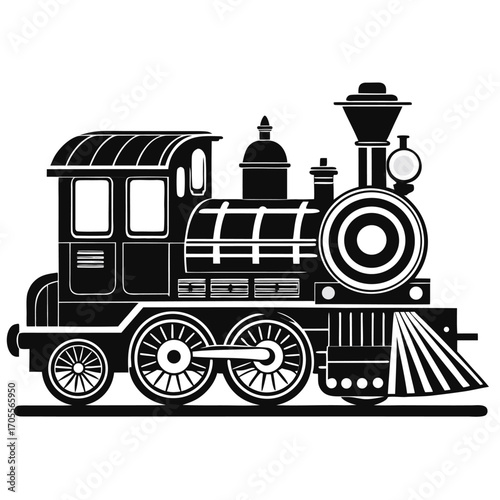 Black silhouette of a vintage steam locomotive with smoke and striped front on a white background Keywords: steam engine, train, locomotive, vintage, retro, transportation, railway, transport