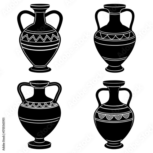 Illustration of four black amphora vases with handles and decorative patterns in a square format