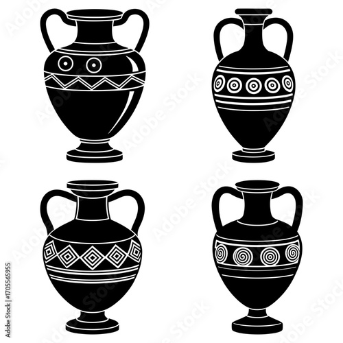 Four black amphora vases with handles and decorative patterns in a symmetrical arrangement on white backdrop