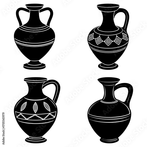 Illustration of four black vases with different shapes and designs on a white background in a vector format