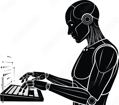 Silhouette of a robot typing a keyboard perfect for ai, automation, or future technology concepts