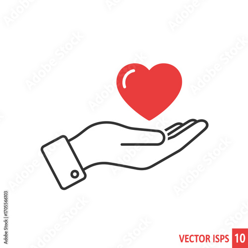 A simple line icon of a hand offering a red heart, symbolizing love, kindness, health, and charitable giving on a white background