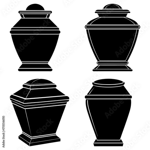 Four different shaped black urns with lids displayed in a grid pattern on a white background image view