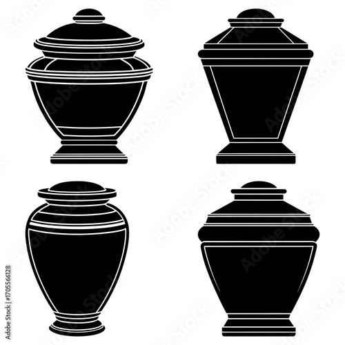 Illustration showing four black urns with lids in varying shapes and designs on a white background