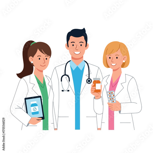Three smiling doctors in white coats holding medical supplies, representing healthcare professionals