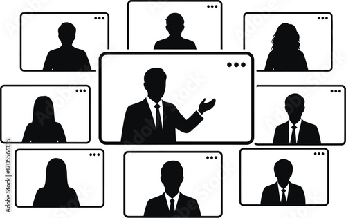 Silhouette of a virtual meeting with a presenter and attendees online conference is a business call