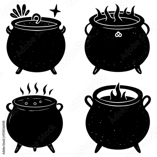Four black cauldrons with different contents boiling over a white background in a hand drawn style