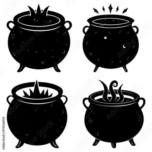 Collection of four black cauldrons with different contents like fire smoke and sparkles in a vector art
