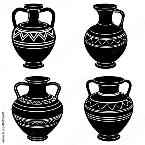 Collection of four black and white amphora vases with decorative patterns in a symmetrical arrangement