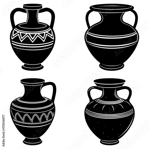 Collection of four black and white antique vases with handles and decorative patterns in a square layout