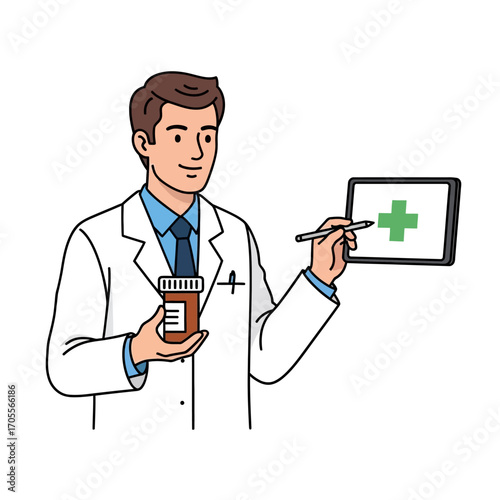 Modern healthcare professional holding medication and pointing to a digital tablet with a medical cross, symbolizing e-health services and digital prescriptions