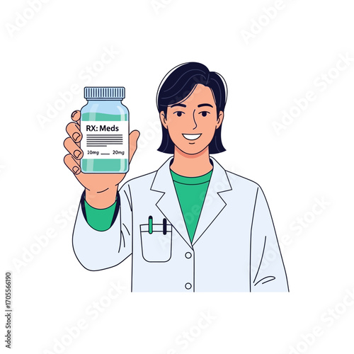 Smiling pharmacist holding a prescription medication bottle.