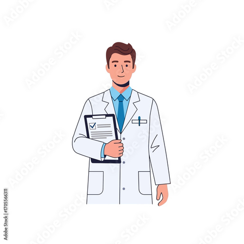 Smiling doctor in white coat holding clipboard with medical notes.