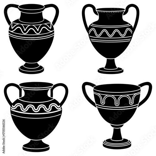 Four black silhouettes of ancient greek vases with handles and decorative patterns on a white background