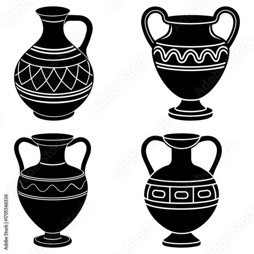 Four black silhouette vases with different shapes and decorative patterns on a white background art illustration