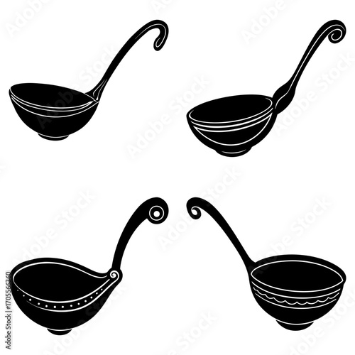 A collection of four stylized black ladles with decorative handles and bowl details on a white background