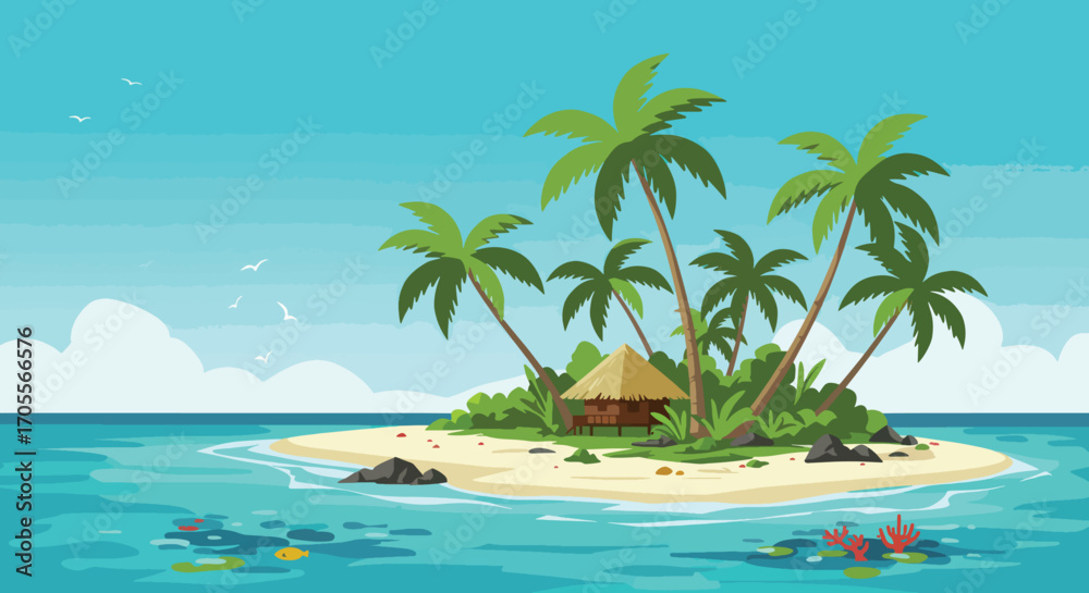Obraz premium Tropical Island Paradise with Palm Trees, Beach, and Hut Illustration