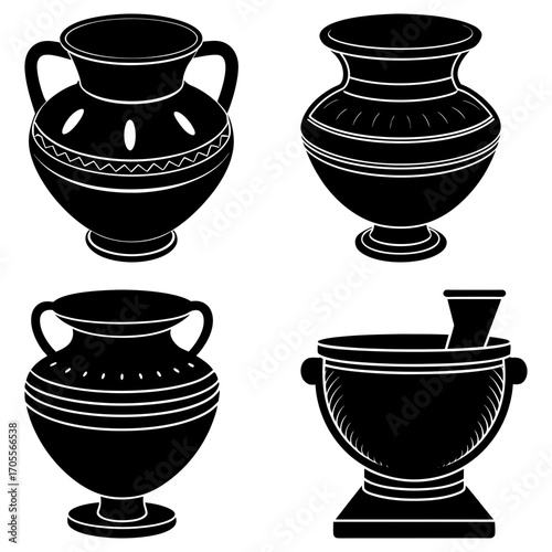 Illustration of four different black and white vases and pots with various shapes and designs displayed