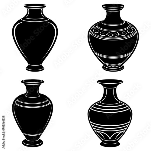 Four black and white vases with different designs and shapes on a white background in vector format